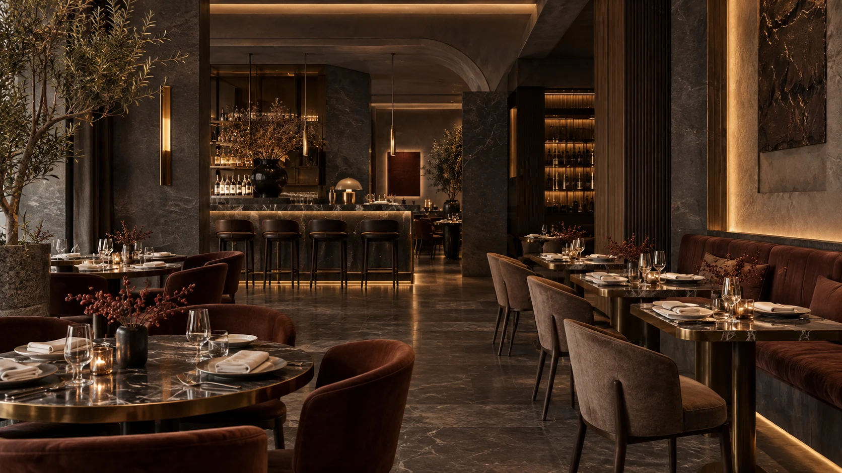 Sıcak aydınlatmalı çağdaş restoran iç mekânı